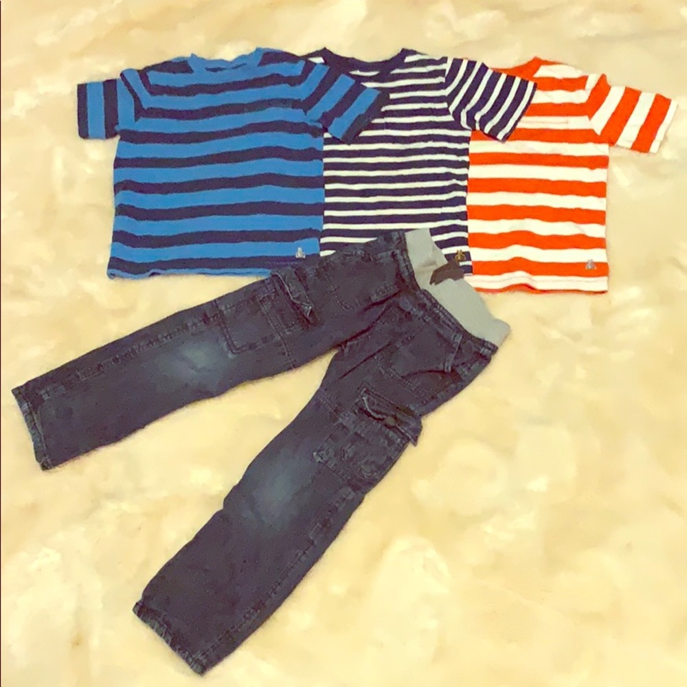 3 striped GAP shirts and 1 pair cargo pants .